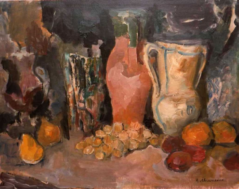 Natura morta con broche e frutta, anni ’60, olio su tela, cm 40x50, Frattamaggiore (Na), collezione privata